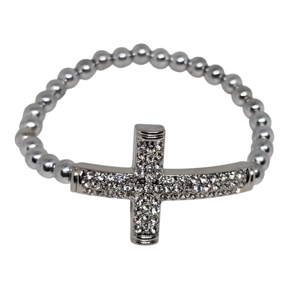 Rhinestone Cross Beaded Stretch Bracelet In Silver Tone